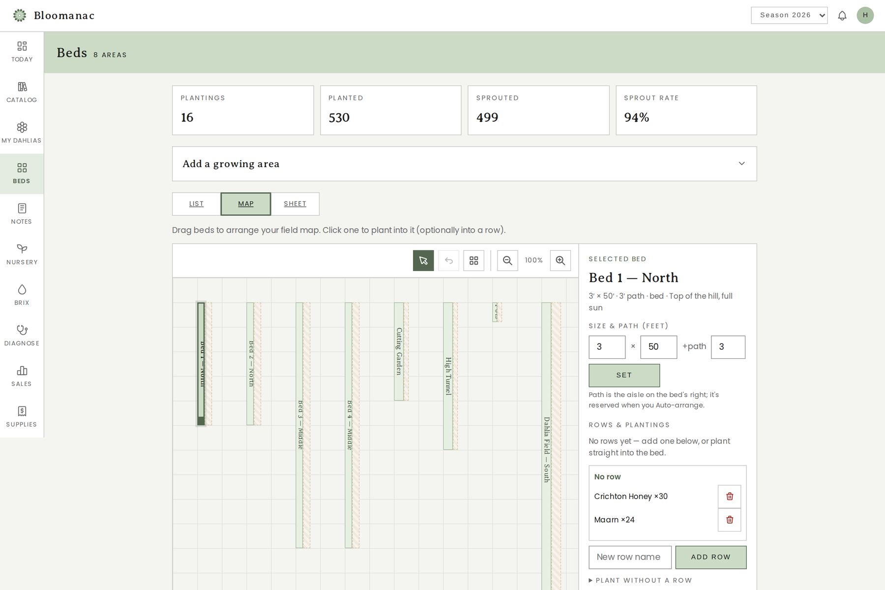 The to-scale field map with eight beds and the AI bed-setup panel