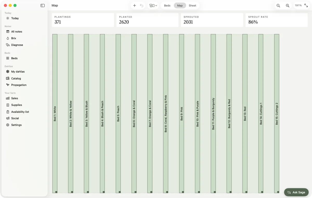 The bed map drawn to the farm's real dimensions — fifteen cutting beds, named by colour
