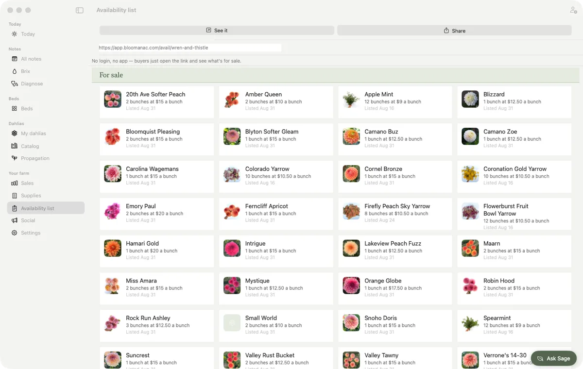 The availability list: every stem for sale with its photo, quantity and price per bunch