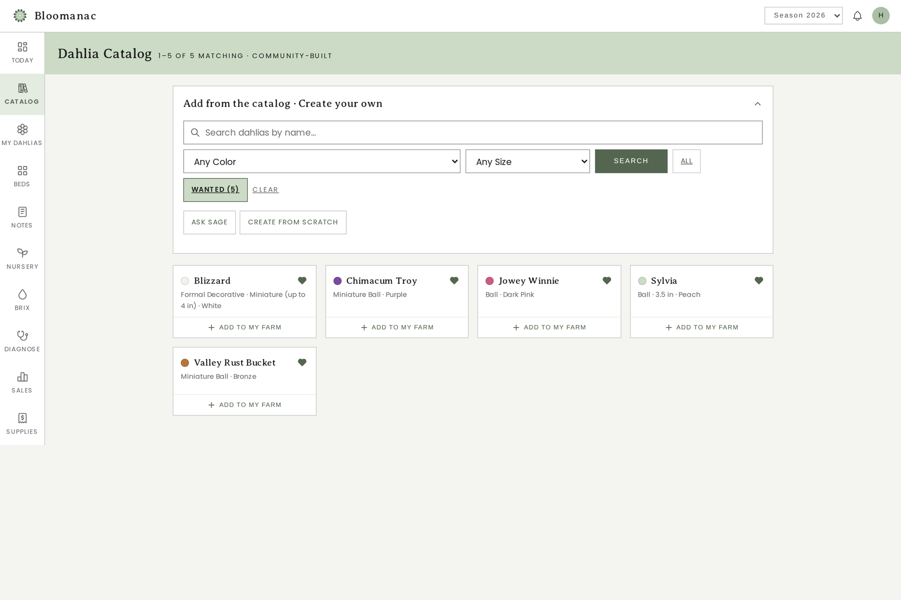 The catalog's Wanted filter showing five hearted cultivars on the want-list
