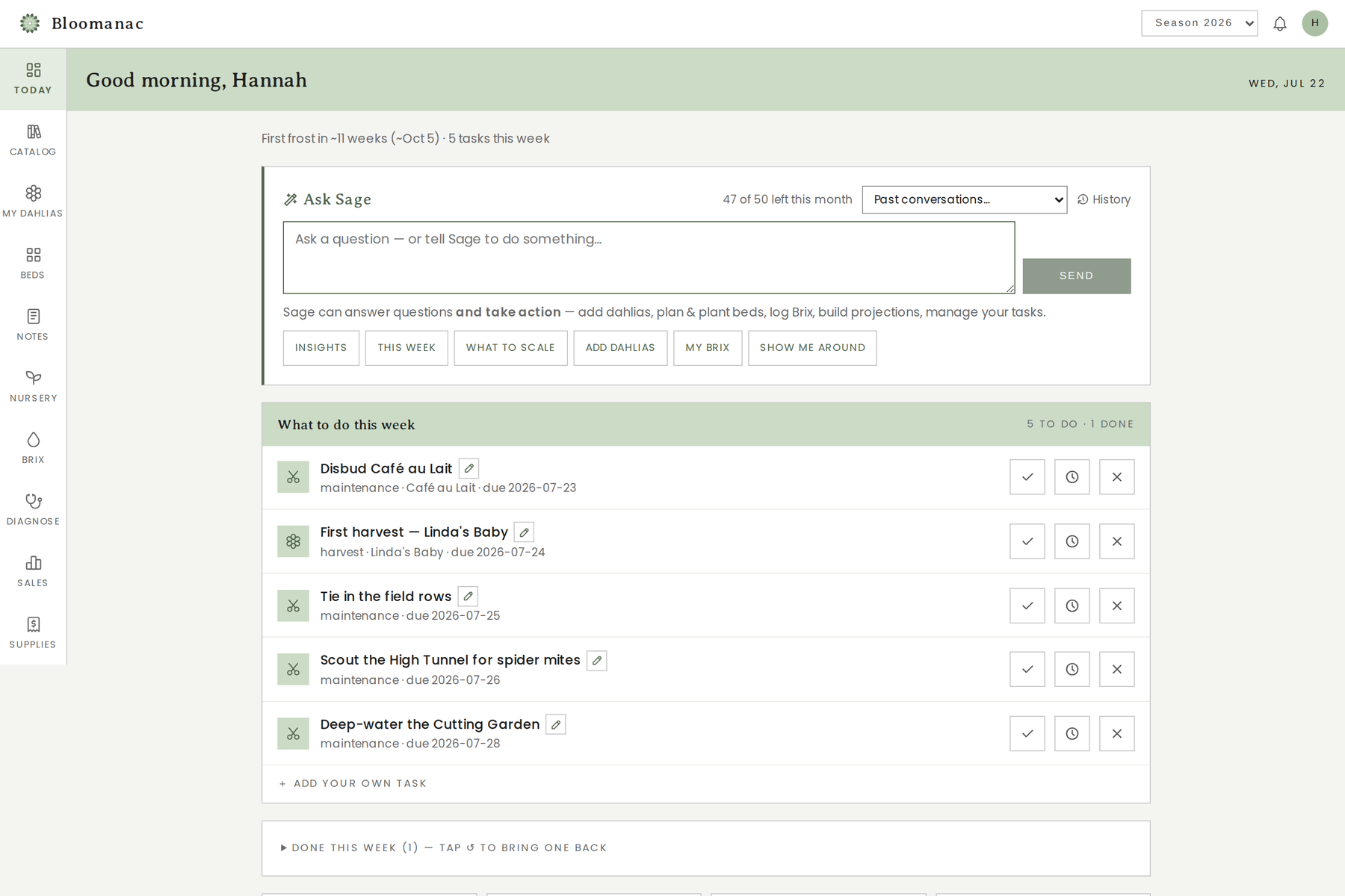 The dashboard agenda showing this week's tasks tied to frost dates