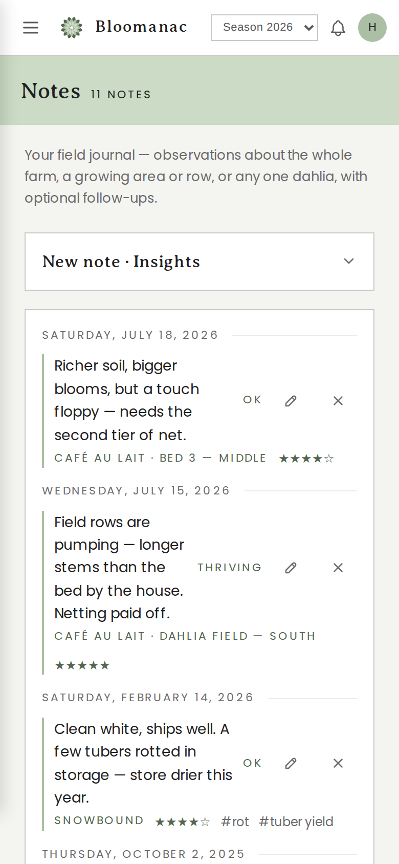 Bloomanac on a phone — the field journal of dated notes with ratings and tags, and a one-tap voice note