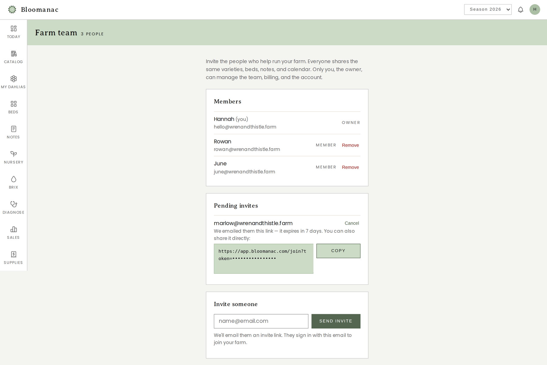 The Farm team page with three members and a pending email invite