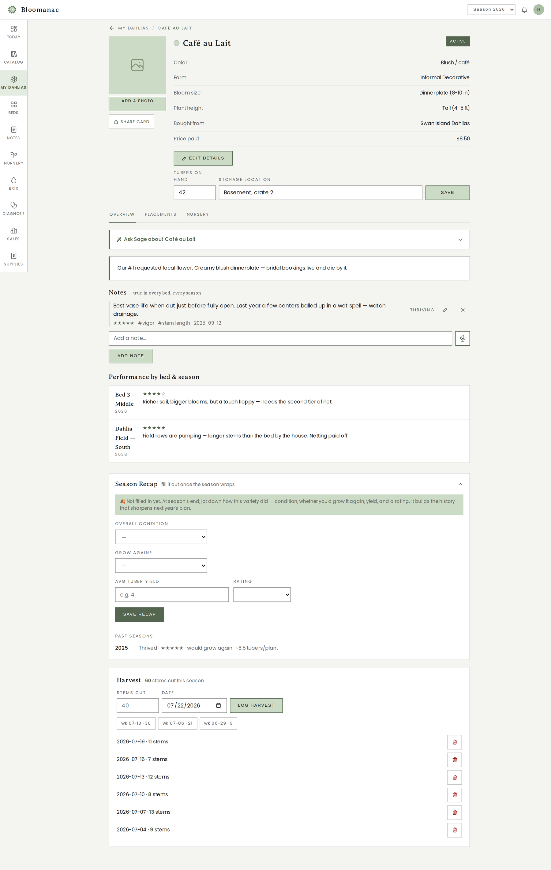 A variety page with tuber inventory, storage location, season recap and the harvest quick-log